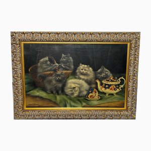 Agnes Augusta Tallboys, Gattini che giocano a tè, Dipinto ad olio, Incorniciato