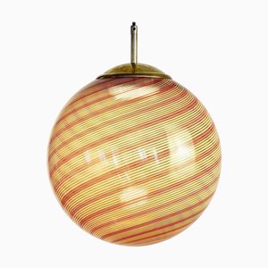 Murano 5 Bernsteinfarbene und 2 rote Mezza Filigrana Glaskugel Gaia Lampe von Piattelli Design