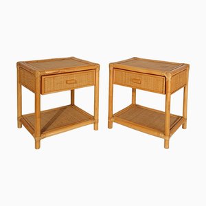 Italienische Nachttische aus Sperrholz aus Bambus, Rohrgeflecht & gewebtem Rattan, 1970er, 2er Set