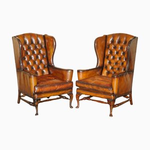 Set of Chesterfield Tufted Wingback Chairs in Brown Leather