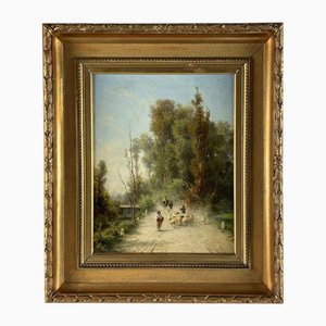 Silvio Poma, Italian Country Landscape with Shepherds and Sheep, 1890s, Oil on Canvas, Framed