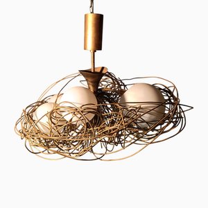 Lustre Sculpture Modèle Nest en Laiton et Verre Opalin par Roberto Giulio Rida, 1990s