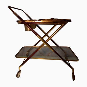 Trolley in Wood and Brass with Bottle Holder and Removable Tray by Cesare Lacca, 1950s