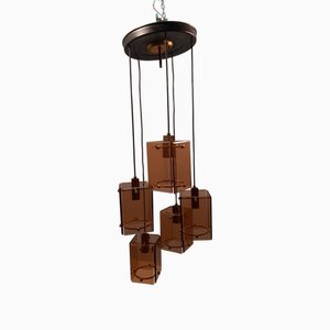Brass & Orange Glass Chandelier by Gino Paroldo for Dinodei, 1960s