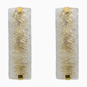 Modern Italian Brass and Murano Glass Textured Wall Sconces, Set of 2