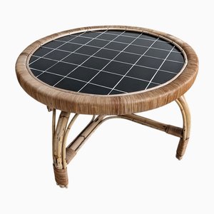 Round Black Tiled Rattan Coffee Table, 1960s