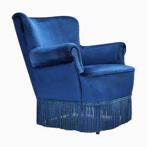 Dänischer Sessel aus Blauem Möbelvelours & Beinen aus Buchenholz, 1960er
