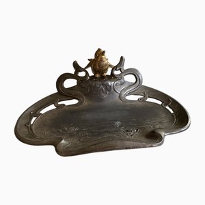 Art Nouveau Pewter Dish with Gilded Sparrow
