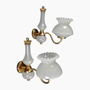 Appliques en Métal Doré et Verre Opalin, 1970s, Set de 2