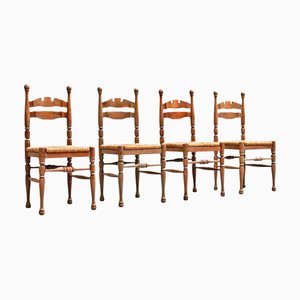 Whimsical Chairs in Oak and Rush, 1940s, Set of 4