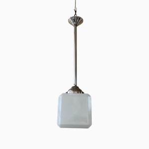 Lampe à Suspension Art Déco en Verre Blanc en Forme de Cube, France, 1930s