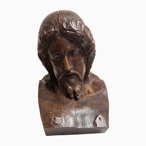 Hand-Carved Bust of Jesus, 1900, Elm