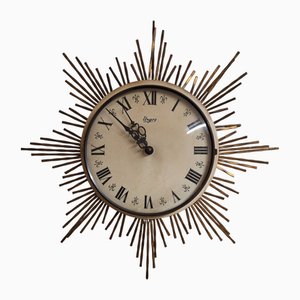Mid-Century German Wall Clock Sunburst with Brass Rays from Urgos, 1960s