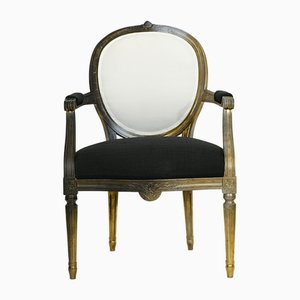Fauteuil Vintage Gustavien Noir et Blanc à la Feuille d'Or, Suède, 1900s