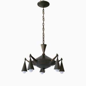 Art Deco Cubist Brass 5-Flamed Chandelier in the style of Dagobert Peche, 1920s