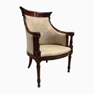 Butaca William IV de caoba con tapicería de damasco crema
