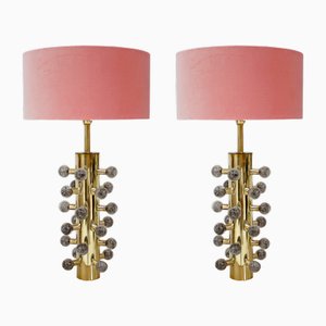 Italian Grey Murano Glass and Brass Table Lamps, Set of 2