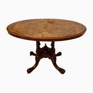 Antique Victorian Burr Walnut Inlaid Oval Lamp Table, 1860s