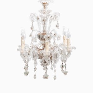 Venetian Hand Blown White Murano Glass 6-Lights Chandelier, 1960s