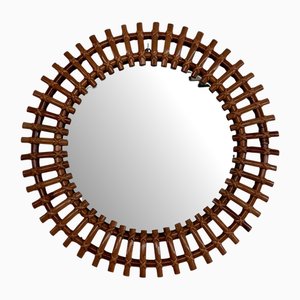Miroir Mural Mid-Century Rond avec Cadre en Rotin en Bambou, Italie, 1960s