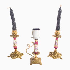 Lampada da tavolo e portacandele in ceramica e metallo, 1920, set di 3