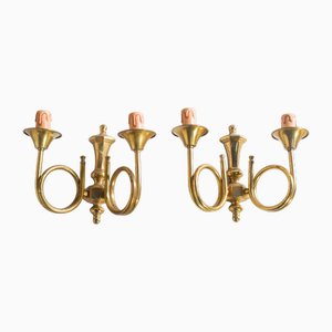 Lampade da parete in ottone con due braccia, 1920, set di 2
