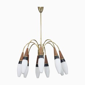 Brass and Teak Opaline Glass Chandelier by Rupert Nikoll, Austria, 1960s