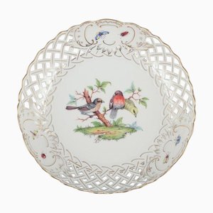 Large Open Lace Porcelain Bowl with Bird Motif and Insects from Meissen, Germany, 1890s