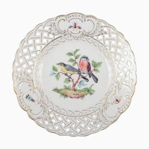 Open Lace Porcelain Plate with Bird Motif and Insects from Meissen, Germany, 1890s