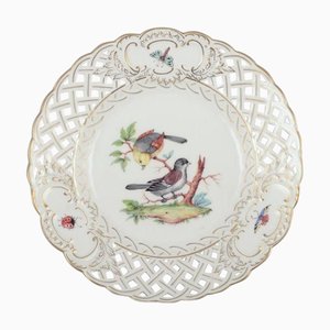 Open Lace Porcelain Plate with Bird Motif and Insects from Meissen, Germany, 1890s