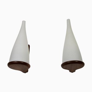 Teak and Opaline Glass Wall Lamps attributed to Uno & Östen Kristiansson for Luxus Sweden, 1960s