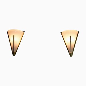 Brass and Opaline Glass Wall Lamps attributed to Glashütte Limburg, 1960s, Set of 2