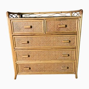 Commode à 5 Tiroirs Vintage en Rotin et Bambou