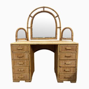 Knee Hole Cane and Bamboo Dressing Table with Surround Attached Mirrors