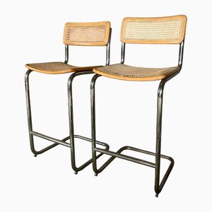 Tabourets de Bar en Chrome et Rotin, Set de 2