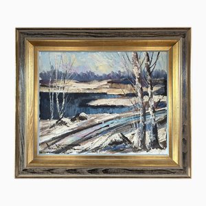 Winter's Edge, 1950er, Ölgemälde, gerahmt
