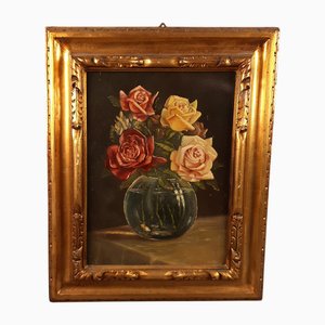 Vase avec Fleurs, 1960s, Huile sur Panneau, Encadré