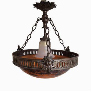 Art Deco French Ceiling Lamp with Orange Marbled Glass Shade on Patinated Figurative Metal Mount, 1920s