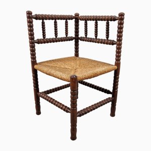 Mid-Century Dutch Bobbin Oak and Rush Corner Chair, 1950s