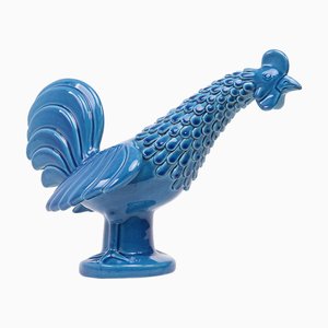 Vintage Italian Blue Ceramic Rooster, 1960s