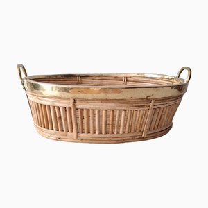 Oval Serving Basket in Rattan and Brass by Gabriella Crespi, 1970s