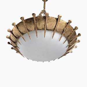 Sun Lamp with Nails Forged with Gold Leaf and Opaline, 1940s