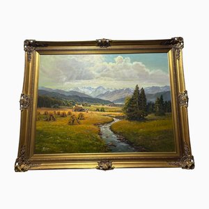 Wolfgang Heinz, Alpine Idyll with Farmers Harvesting, 1950s, Oil on Canvas, Framed