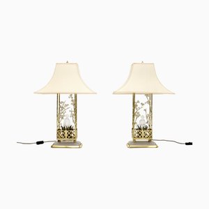 French Brass and Opaline Glass Table Lamps attributed to Maison Baguès, 1970s, Set of 2