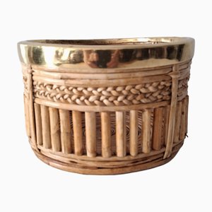 Italian Rattan Plant Basket with Brass Rim, 1970s