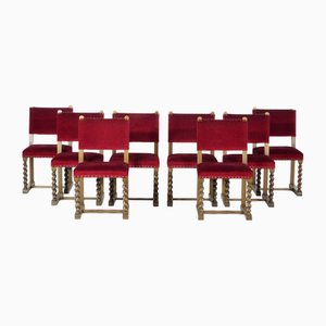Antike Esszimmerstühle aus rotem Samt, 1890er, 8 . Set