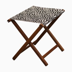 Sgabello pieghevole in teak con tappezzeria a zebra, anni '60