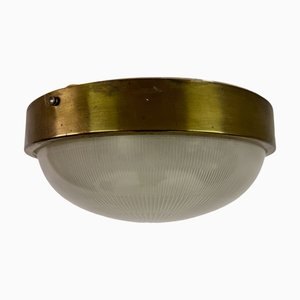 Plafonnier Mid-Century en Laiton et Verre, Italie, 1950s