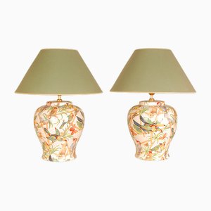 Vintage Italian Ceramic Green & Cream Parrots Vase Table Lamps, 1980s, Set of 2