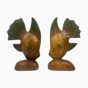 Fermalibri vintage in legno intagliato, anni '60, set di 2